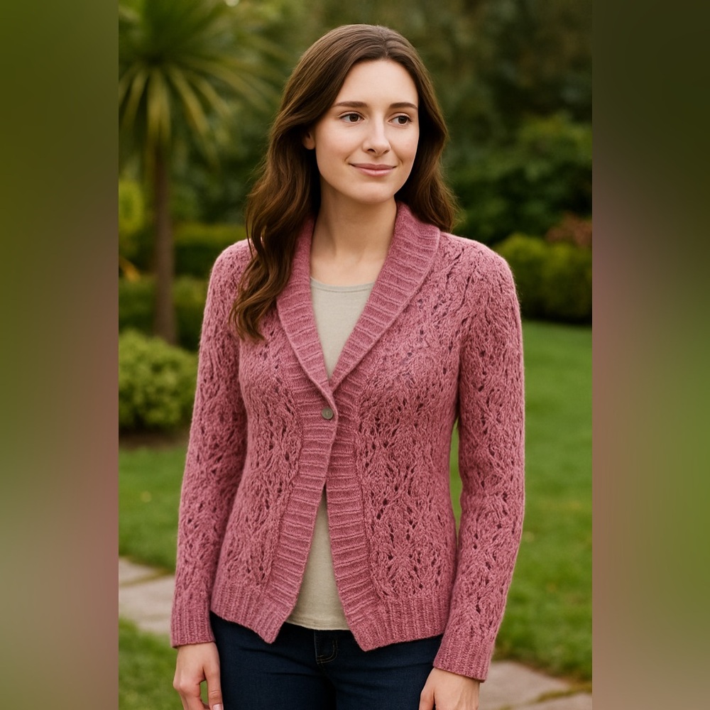 Ann Taylor Pink Cardigan with Chunky Shawl Collar &!Cable Knit Design petite L